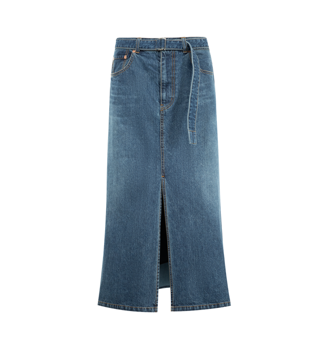 Image 1 of 3 - BLUE - SACAI Denim Hybrid Midi-Skirt featuring Japanese denim, midi length, classic styling at the front and a hybrid-pleated design at the back, slightly A-line silhouette, D-ring belt, five-pocket style and zip fly. 100% cotton. Lining: 100% cupro. Made in Japan.