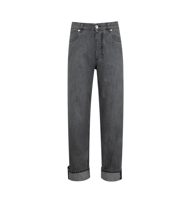 Image 1 of 3 - BLACK - BOTTEGA VENETA Washed Turned Up Jeans featuring wide leg, turned up hem, intrecciato suede back patch and button closure. 100% cotton. Made in Italy.
