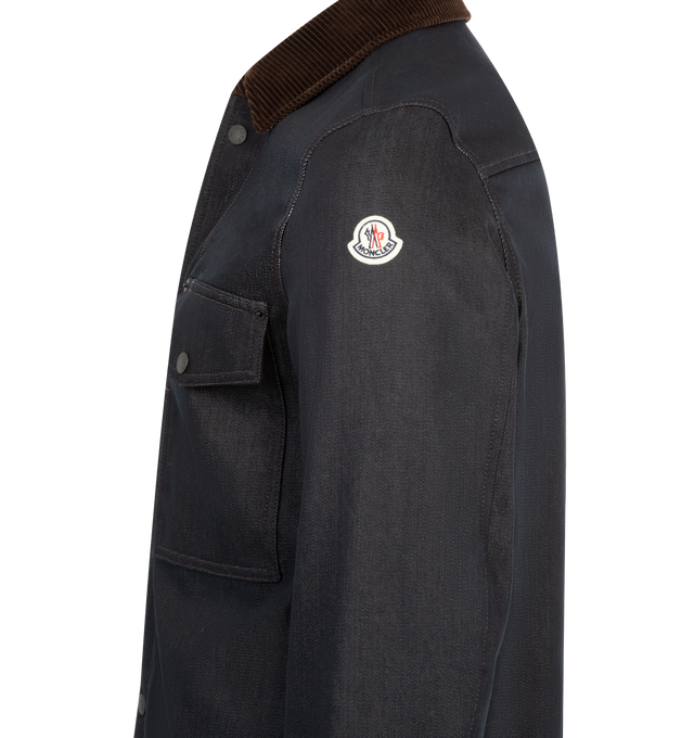 Image 3 of 5 - BLUE - MONCLER Denim Corduroy-Trimmed Shirt Jacket featuring comfort denim, rainwear lining, corduroy collar, long sleeves, zipper and snap button closure, chest pocket with snap button and zipper closure and adjustable cuffs. 75% cotton, 24% polyester, 1% elastane/spandex. Lining: 100% polyamide/nylon. 100% cotton.