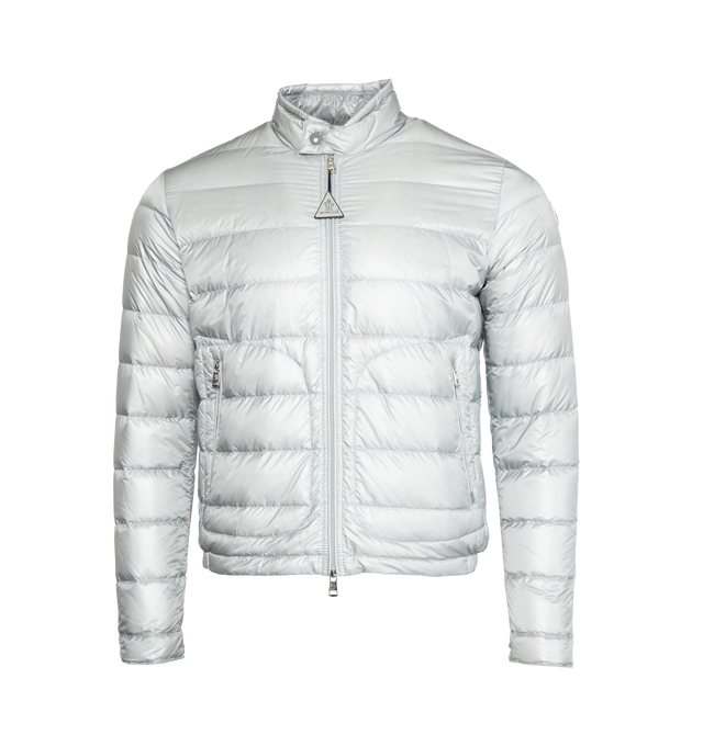 Image 1 of 3 - SILVER - MONCLER Acorus Short Down Jacket featuring down-filled, packable, front zipper closure, zipped pockets, collar opening and adjustable cuffs with snap button closure and logo patch. Exterior: 100% polyamide/nylon. Lining: 100% polyamide/nylon. Padding: 90% down, 10% feather. Made in Italy.  