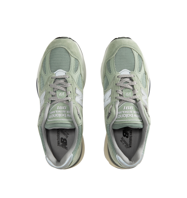 Image 5 of 5 - GREEN - New Balance Mens Made in UK 991v2 Sneakers feature a mesh upper with premium pigsuede and synthetic overlays. Designed with FuelCell foam cushioning, ENCAP midsole technology, semi-translucent ABZORB SBS pods, reflective detailing, debossed "N" logo, embroidered "v2" tongue branding, and a durable rubber outsole. Upper: Mesh, Pigsuede, and Synthetic; Midsole: FuelCell, ENCAP, and ABZORB SBS. Made in the UK.