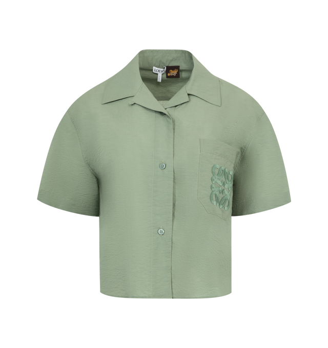 Image 1 of 2 - GREEN - LOEWE PAULA'S IBIZA Short Sleeve Shirt in lightweight textured cotton blend poplin featuring an Anagram crafty embroidery placed on the chest, regular fit, short length, camp collar and button front fastening. Cotton, polyamide. Made in Portugal.