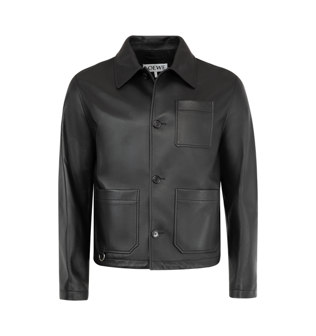 Image 1 of 3 - BLACK - LOEWE Workwear Jacket in lightweight nappa lambskin and compact nylon twill featuring a hybrid construction, regular fit, regular length, classic collar, button front fastening, patch pockets, fully lined, wmbossed Anagram placed on the chest pocket and LOEWE engraved D-ring placed at the front pocket. Nappa. Made in Italy.