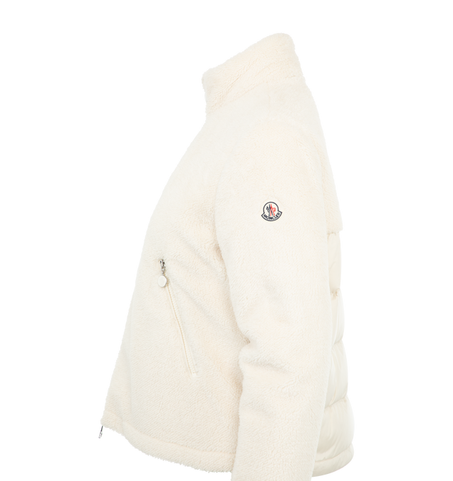 Image 3 of 3 - WHITE - Moncler Women's Polignac short down jacket crafted from teddy. Down-filled Puffer style with recycled longue saison nylon fabric back adding extra warmth without feeling heavy. Features zipped closure and zipped pockets.