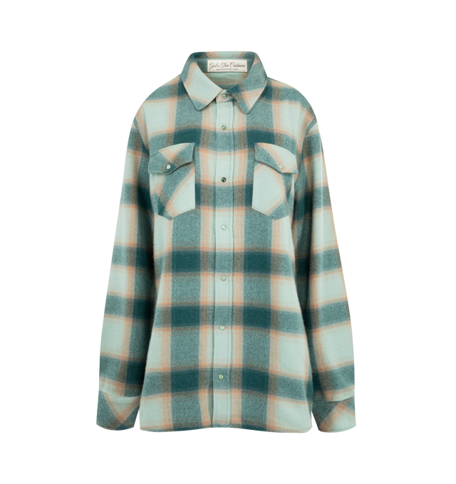 Image 1 of 2 - GREEN - GOD'S TRUE CASHMERE Shadow Plaid Cashmere Shirt featuring 11 hand-carved, gemstone snaps, Emerald, plaid throughout, long sleeves, classic collar and two front flap pockets on chest. 100% cashmere. Made in Italy.