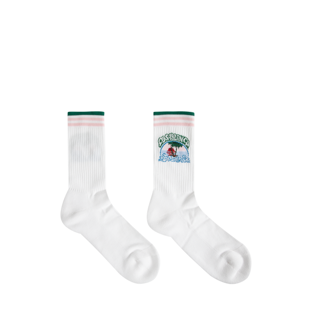 Image 2 of 2 - WHITE - The Men's Palm Tree Emblem socks are a sport-inspired design, crafted from a soft cotton-blend fabric and featuring the house's Palm Tree motif. Completed with pink, white, and green striped cuff detailing, along with ribbed legs and cuffs for added comfort and structure. Cotton blend fabric 87% recycled cotton 12% polyamide 1% elastane. Made in Portugal