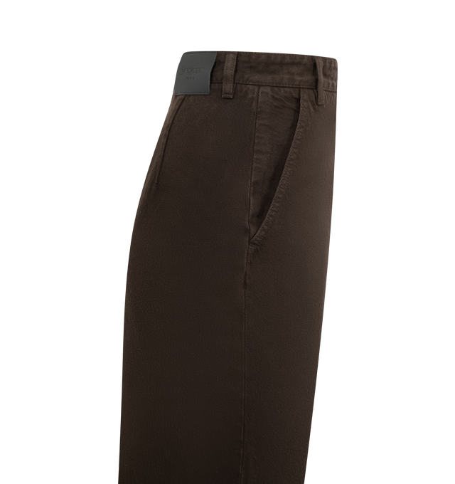 Image 3 of 3 - BROWN - SAINT LAURENT Pencil Skirt featuring mid-rise, waistband with belt loops, single back vent and saint laurent paris embossed leather jacron. 100% cotton. Made in Italy.