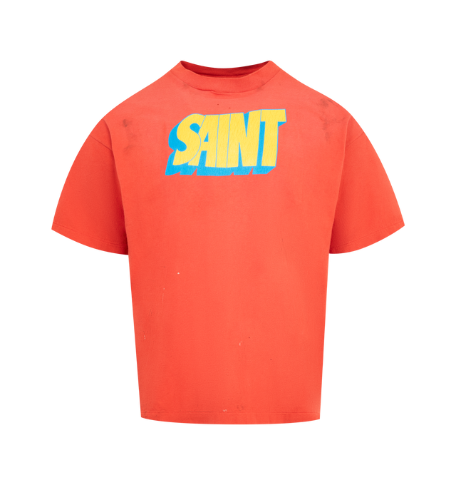 Image 1 of 2 - RED - SAINT MICHAEL Saint Tee featuring regular fit, crewneck, dropped shoulders, short sleeves, straight hem and graphic print. 100% cotton.