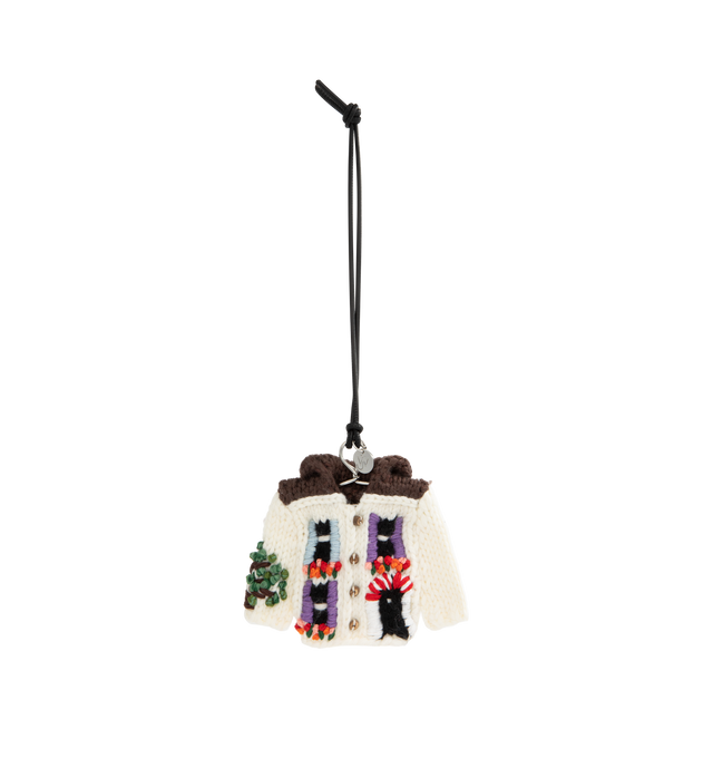 Image 1 of 3 - MULTI - JW Anderson knitted cardigan charm in white Italian wool machine-knit. Inspired by the house cardigans from the Resort 2025 show. Features hand-embroidered details in mercerised cotton yarn finished with a silver-finish metallic coat hanger attachment, logo-engraved medallion and leather cord. 90% Wool, 10% Cotton, Split Grain Calf Leather trim, 100% Coconut Shell trim. Made in Georgia.