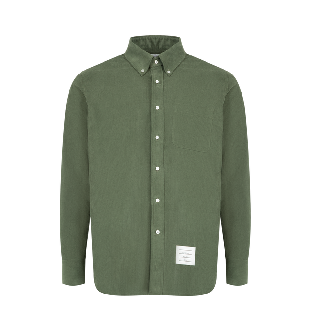 Image 1 of 2 - GREEN - THOM BROWNE Wale Corduroy Shirt featuring front button closure, chest patch pocket, nametag applique, pleated back yoke with locker loop, signature striped grosgrain loop tab and straight fit. 100% cotton. Made in Italy.