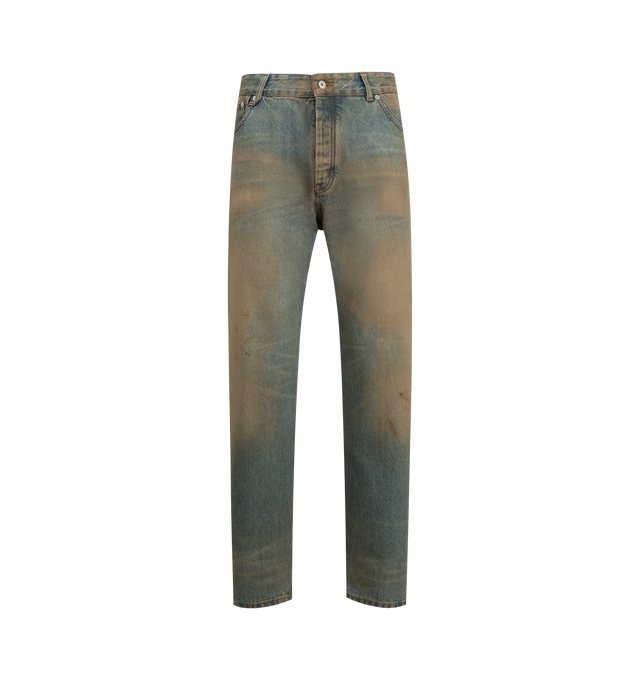 Image 1 of 3 - BLUE - JACQUEMUS Le De-Nimes Berger Jean featuring distressed straight leg jeans, mid-rise, zip fly with engraved metal button, belt loop including one "J" loop, five pockets including a ticket pocket, metal rivets, embroidered patch on the back and contrasting topstitching. 100% cotton. Lining: 65% polyester, 35% cotton. Made in Italy.