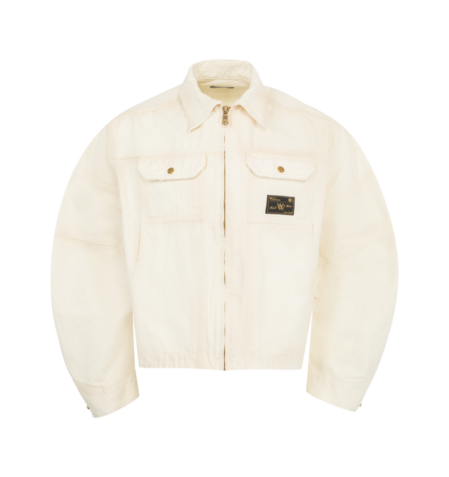 Image 1 of 3 - WHITE - WILLY CHAVARRIA Stockton Work Jacket featuring an oversized fit, structured design, two chest flap pockets with button closures, full zip front with a high collar and embroidered logo detail on the front. 100% cotton canvas. Made in the USA.