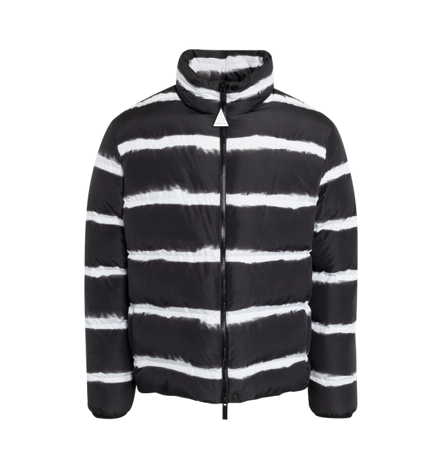 Image 1 of 3 - BLACK - MONCLER SIL JACKET is a loose fitted puffer embellished with tie-dye-effect stripes along the quilting. This jacket is made from polyester, polyester lining, is down-filled, has a zipper closure, zipped pockets, hem with elastic drawstring fastening and logo patches. 