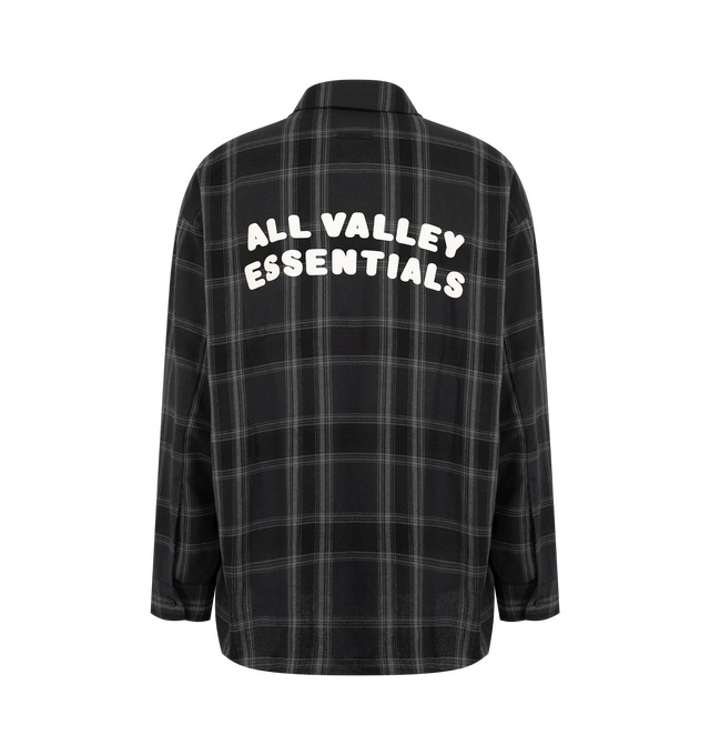 Image 2 of 2 - BLACK - Fear of God Essentials Mens Button-Up Shirt is crafted from cotton flannel. Features a relaxed fit, front button closure, shirt collar, barrel cuffs, contoured hem, and an Essentials logo label. Main Material: 100% Cotton Flannel.