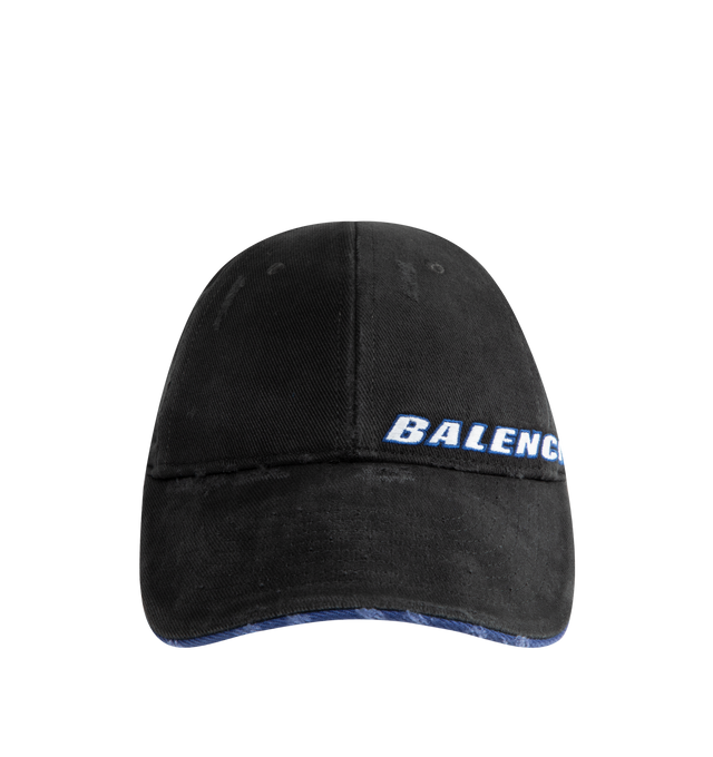 Image 1 of 2 - BLACK - BALENCIAGA Tilted Typo Cap featuring cotton drill, classic baseball cap shape, ventilation eyelets embroidered on top, adjustable hook and loop tab at back and tilted typo artwork embroidery. 100% cotton. Made in Italy.