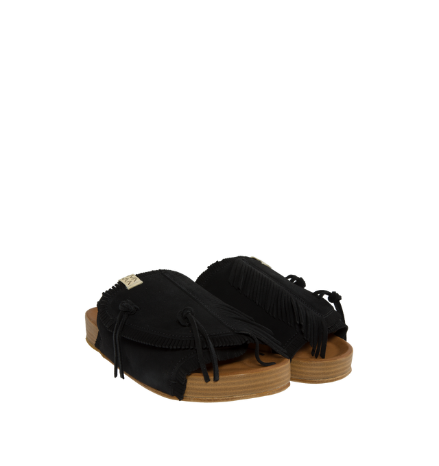 Image 2 of 4 - BLACK - VISVIM Christo Shaman-Folk Slides featuring a cork footbed, suede upper, fringed detailing and custom Vibram rubber heel.  
