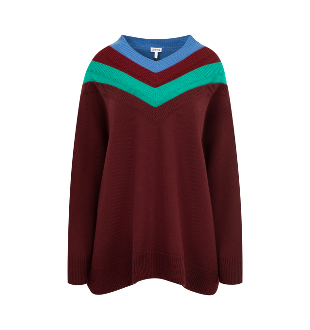 Image 1 of 2 - MULTI - Loewe Women's Sweater in medium-weight wool featuring a trompe lil layered construction. Relaxed fit, long length, V-neck, ribbed collar, cuffs and hem, Anagram embossed leather tab placed at the side. Wool. Made in Italy.