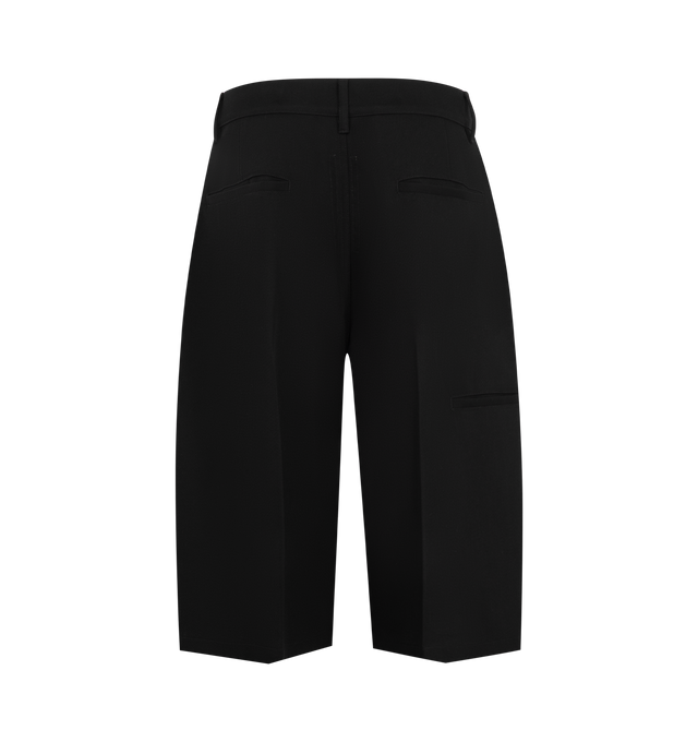 Image 2 of 3 - BLACK - Rick Owens Womens Work Shorts are crafted from twisted wool. Feature a knee-length silhouette, button closure with belt loops, diagonal side pockets, back pockets, and pressed front and back creases. Main Material: 100% Twisted Wool; Lining: 100% Cupro; Pocket Lining: 52% Polyester, 48% Cotton. Made in Japan.