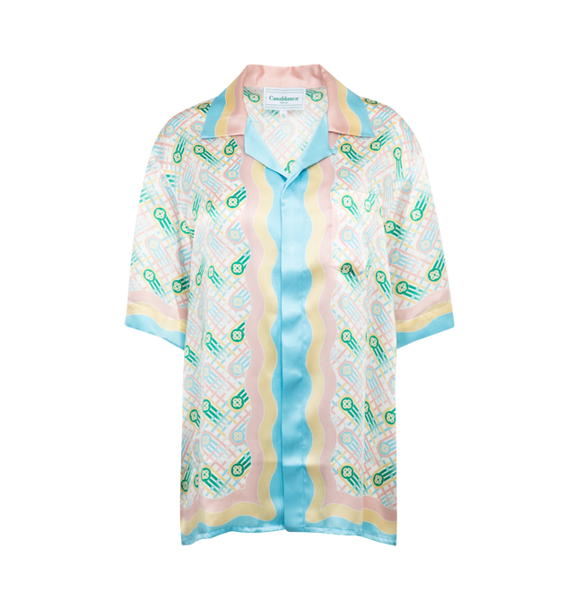 Image 1 of 2 - MULTI - CASABLANCA Ping Pong Monogram Silk Camp Shirt featuring ping pong monogram print, notched collar, concealed button placket, chest patch pocket, short sleeves and straight hemline. 100% silk. Made in Italy. 