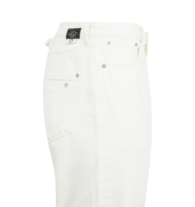 Image 3 of 3 - WHITE - POST O'ALLS No. 10 Five Pocket Jean featuring a moderately loose silhouette, 5 pocket style, a back strap at the waist, exposed rivets on the hip pockets and button zip closure. 100% cotton. Made in Japan.