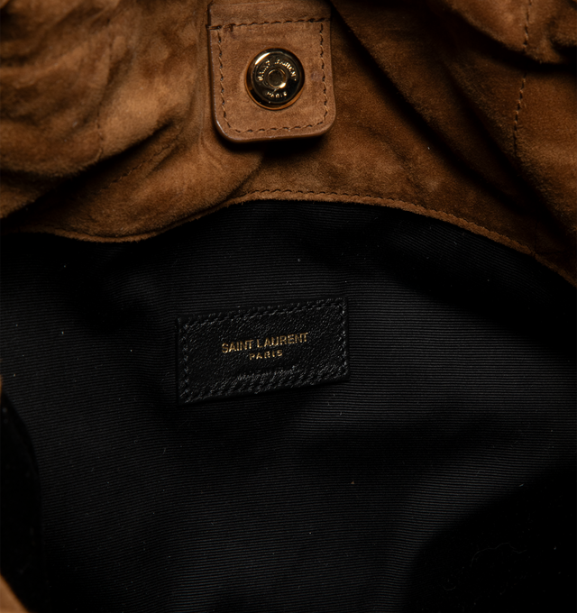 Image 4 of 4 - BROWN - SAINT LAURENT Jamie Large Pochon Bag featuring topstitching, drawstring chain for bespoke carry options, a removable zip pouch, certified cotton lining, bronze-tone hardware and magnetic closure. 13.4 x 10.2 x 0. inches. Strap drop: 12.6 inches. Calfskin. Made in Italy.