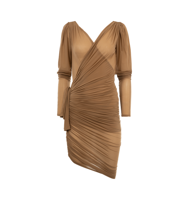 Image 1 of 2 - BROWN - SAINT LAURENT Wrap Dress featuring sheer short wrap dress gathered and tied at the side, surplice neckline, and gathered shoulders. 92% cupro, 8% elastane.