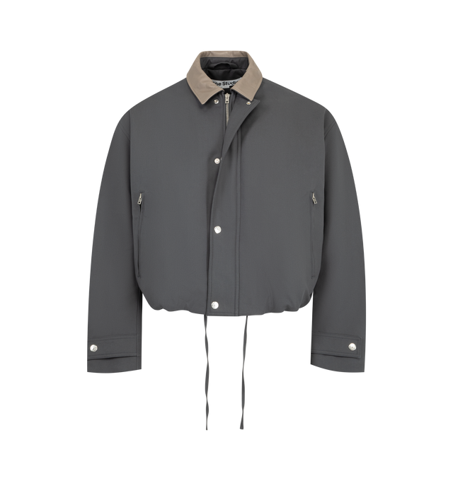 Image 2 of 3 - GREY - Acne Studios Men's Bomber with Leather Collar is crafted from smooth cotton satin and features a leather collar, snap-button front closure, and a regular-fit silhouette. Designed with a below-waist length, the bomber is detailed with zip side pockets, tab snap cuffs, a drawcord hem, and a leather logo patch at the back neckline. Main Material: 100% Cotton. Collar: 100% Cow Leather. Filling: 100% Polyester. Lining: 65% Polyester, 35% Cotton.
