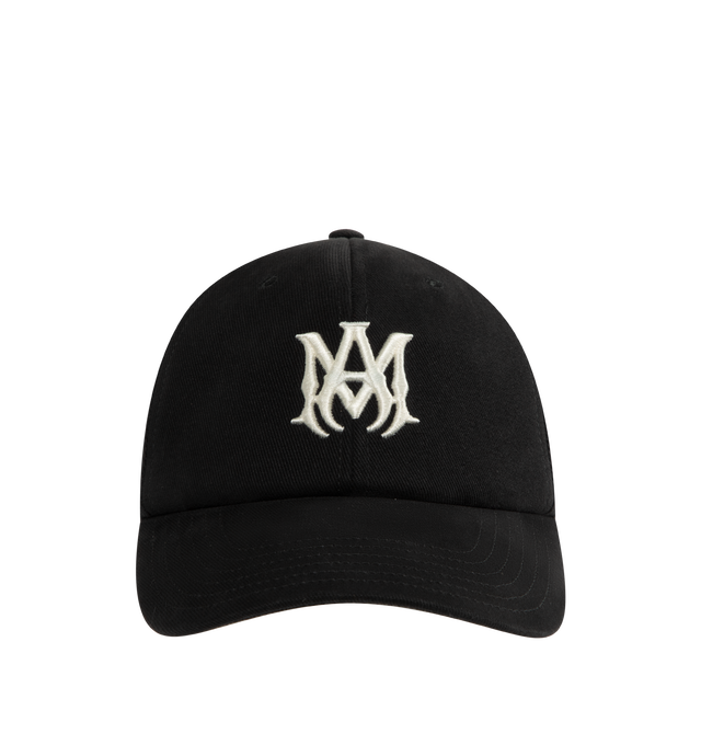 Image 1 of 2 - BLACK - Amiri MA Canvas Monogram Hat has a curved brim, embroidered eyelets, a brand logo at the front, a leather logo patch at the side, and a snapback fastening. 100% cotton. Made in USA.