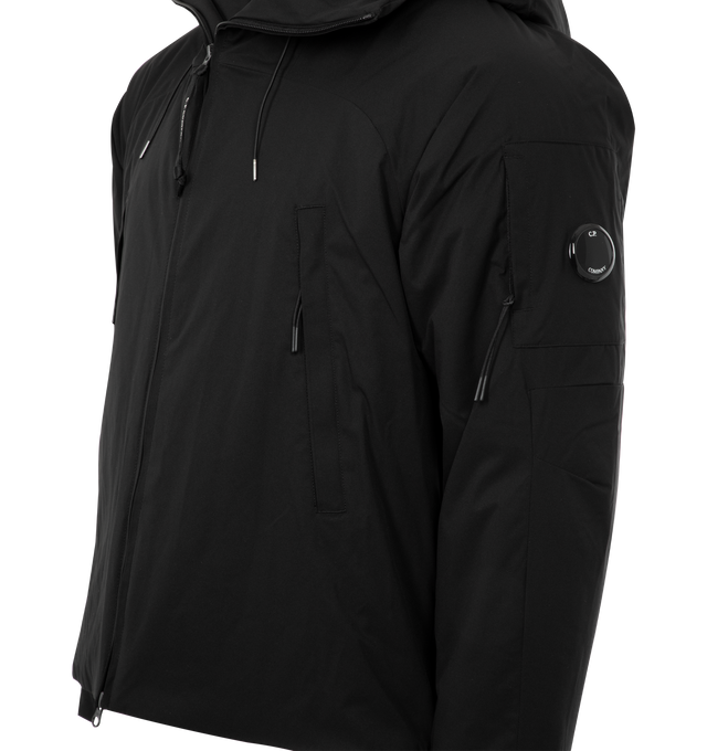 Image 3 of 3 - BLACK - C.P. COMPANY Pro-Tek Hooded Padded Jacket featuring a Polyester mechanical stretch, iconic Lens, a two-way full zip fastening, side zip pockets, padded with Primaloft Silver wadding, anti-drop treated, regular fit, adjustable hood and adjustable snap cuffs. 100% polyester.