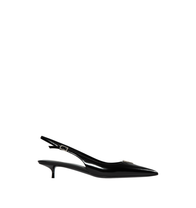Image 1 of 4 - BLACK - SAINT LAURENT  SLINGBACK PUMPS WITH A POINTED TOE AND RHINESTONE TRIANGLE DETAIL, FEATURING A KITTEN HEEL AND ADJUSTABLE SLINGBACK STRAP WITH RHINESTONE BUCKLE. TOTAL HEEL HEIGHT: 3 CM / 1.1 INCHES. 90% CALFSKIN LEATHER, 10% CRYSTAL WITH  LEATHER SOLE.  MADE IN ITALY. 