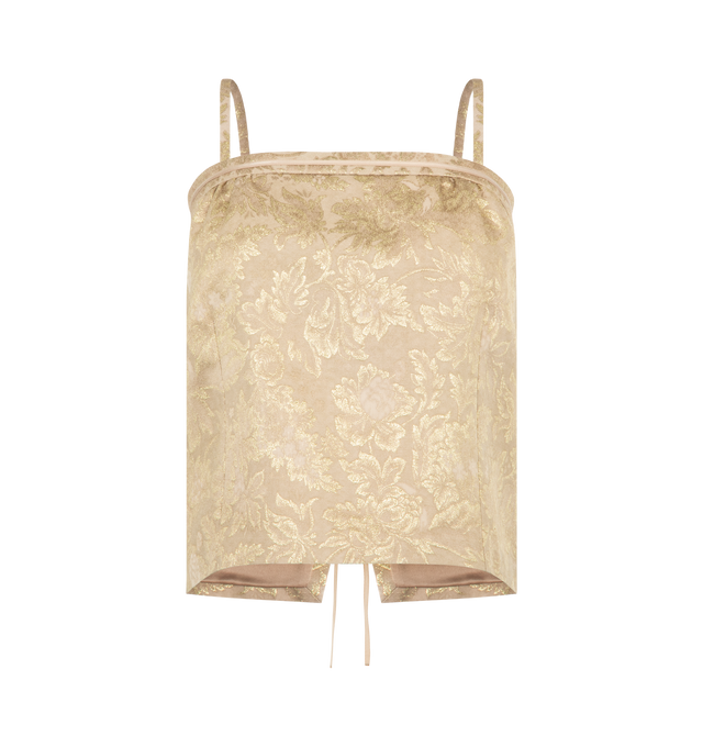Image 1 of 2 - NEUTRAL - Saint Laurent spaghetti strap shift top featuring an open back tied with a ribbon, decorated with a metallic floral brocade motif. Crafted from certified viscose with silk lining featuring ribbon tie closure with hook-and-eye safety at the backstraight neckline. Made in Italy.