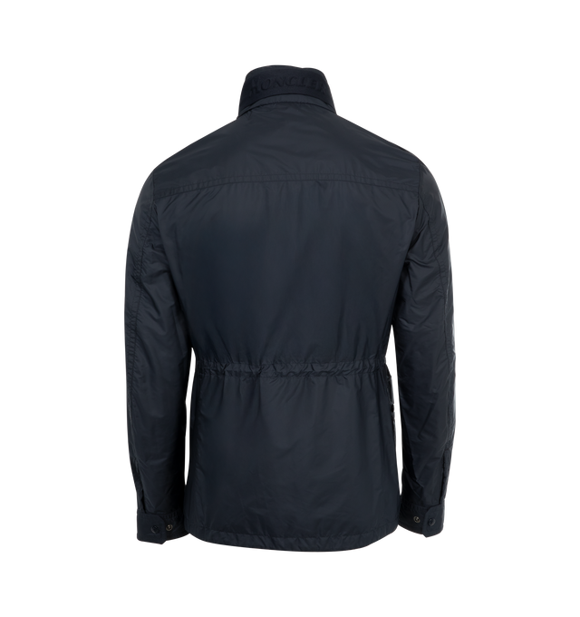 Image 2 of 3 - NAVY - MONCLER Lez Field Jacket featuring knit collar with snap button closure and an embossed logo, pull-out hood, zipper and button closure, pockets with snap button closure, zipped inner pocket, waistband with drawstring fastening and leather logo patch. 100% polyamide/nylon. Made in Romania.