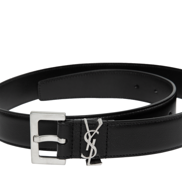 Image 2 of 2 - BLACK - SAINT LAURENT Cassandre Leather Belt featuring square buckle and cassandre logo loop. 100% calfskin. Made in Italy.  