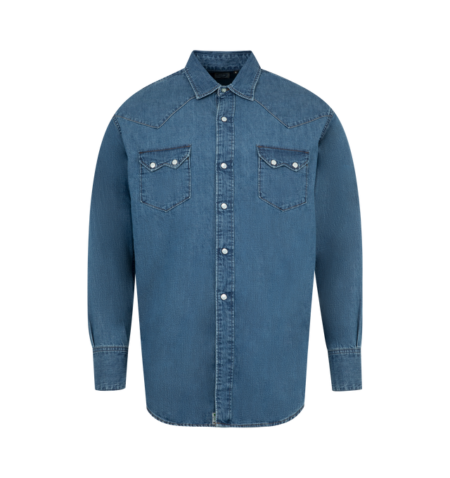 Image 1 of 2 - BLUE - ORSLOW Denim Western Shirt featuring 6oz. denim, button and snap fastenings with signature pearlescent snaps, classic collar and button cuffs. 100% cotton.