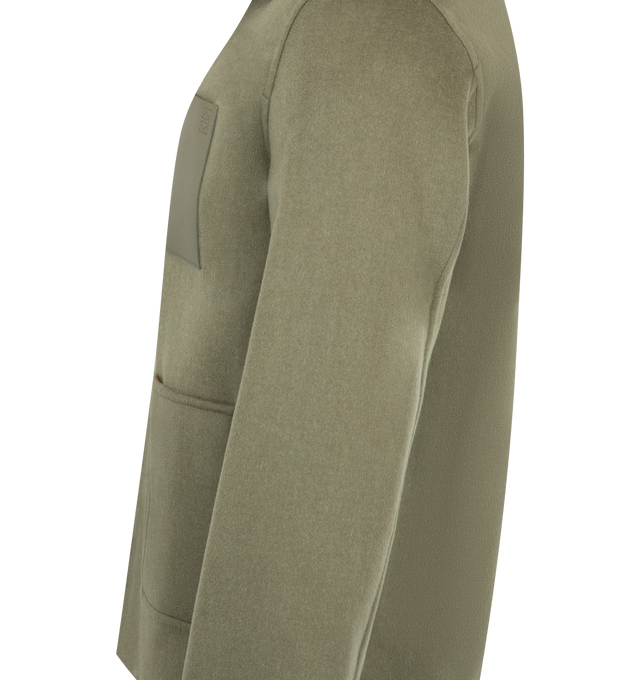 Image 3 of 3 - GREEN - Loewe Men's Workwear jacket crafted in double face wool cashmere. Regular fit, regular length featuring classical collar, LOEWE engraved horn buttons, button front fastening, two patch pockets, LOEWE engraved D-ring and LOEWE Anagram embossed leather patch pocket placed on the chest. Wool/Cashmere. Made in Italy.