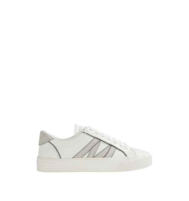 Image 1 of 5 - WHITE - MONCLER Monaco2 Leather & Glitter Sneakers featuring calf leather, reflective fabric and glitter split leather upper, mesh and leather insole, rubber sole, lace-up closure and glitter split leather monogram patch. Sole height 3 cm. Leather. Lining: 100% polyamide/nylon. Sole: 100% elastodiene.