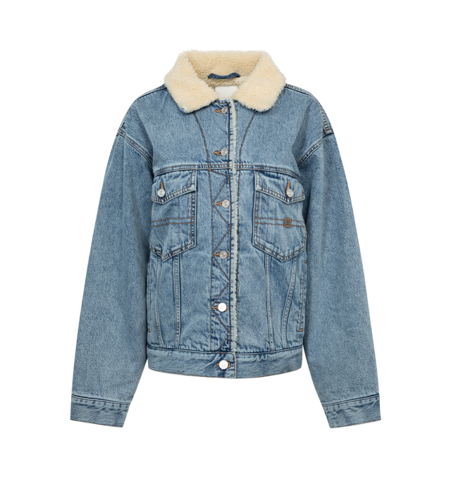 Image 1 of 3 - BLUE - GIVENCHY Fleece Lined Denim Jacket featuring classic shearling collar, button closure on the front, flap pockets with embroidered logo on the chest, stitching embellishment on the placket, dropped shoulders, side pockets, buttoned cuffs and shearling lining. 100% cotton. 