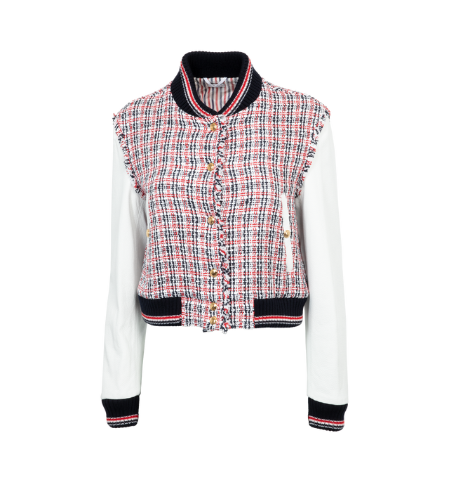 Image 1 of 6 - MULTI - THOM BROWNE Crochet Tweed Cropped Varsity Jacket featuring front button closure, snap button slip side pockets, striped lining with interior pocket and name tag and signature striped grosgrain loop tab. 100% cotton. 100% lamb leather. 100% wool. 