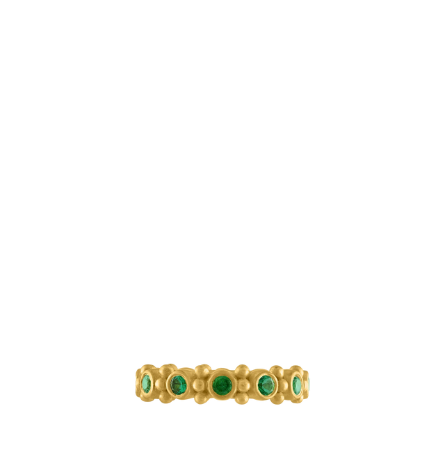 Image 2 of 2 - GOLD - PROUNIS Emerald Bulla Aeon Ring featuring faceted emeralds framed by a three-granule column. 22K gold. 3mm wide. Hirshleifers offers a range of pieces from this collection in-store. For personal consultation and detailed information about jewelry, please contact our dedicated stylist team at personalshopping@hirshleifers.com. This item may be restricted for online purchase to international clients. For assistance purchasing this item please contact our dedicated stylist team at persona