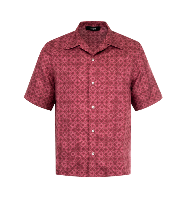 Image 1 of 2 - RED - AMIRI MA Quad Bowling Shirt featuring regular fit, notched collar, short sleeves, button closure, MA Quad monogram and straight hem. 100% silk.