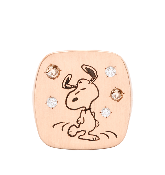 Image 2 of 4 - GOLD - LIZWORKS X PEANUTS Jazz Snoopy Rose Gold Square Face Ring featuring18k rose gold ring with 3 white diamonds, 2 brown and chocolate brown enamel. 22 mm x 23 mm. Hirshleifers offers a range of initial pieces from this collection in-store. For personal consultation and detailed information about jewelry, please contact our dedicated stylist team at personalshopping@hirshleifers.com. This item may be restricted for online purchase to international clients. For assistance purchasing this it