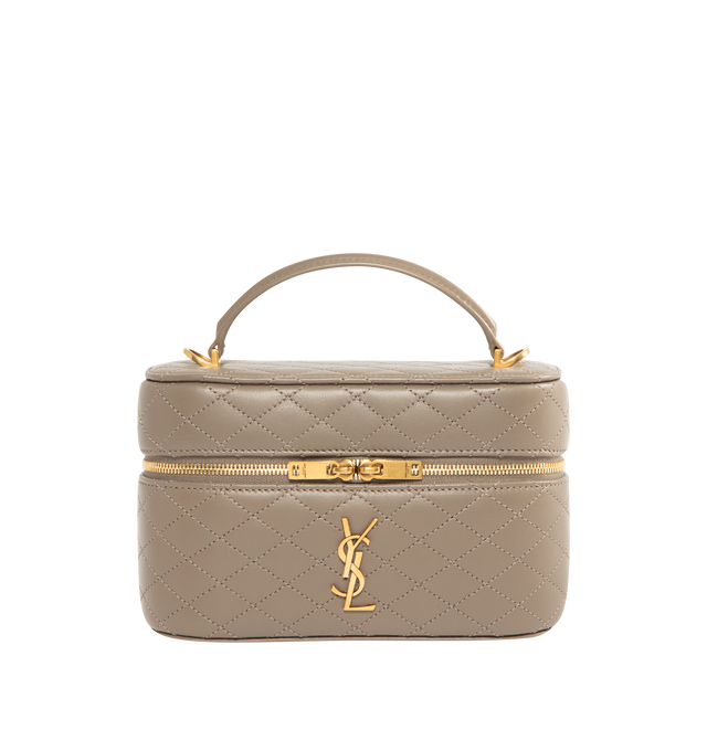 Image 1 of 3 - BROWN - SAINT LAURENT Gaby Mini Vanity Bag featuring zip closure, one card slot, diamond quilted overstitching, leather top handle and detachable strap. 7.1" X 4.3" X 2.6". 100% lambskin. Made in Italy.