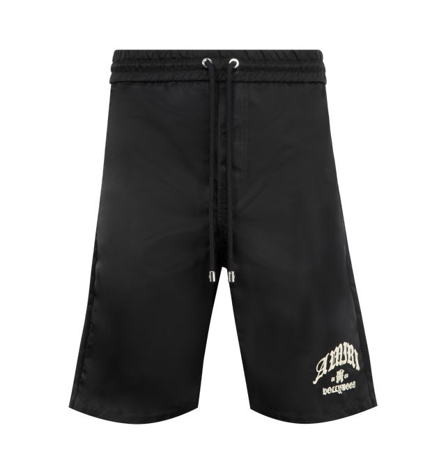 Image 1 of 4 - BLACK - AMIRI Hollywood Drawstring Woven Shorts featuring regular fit, high-rise, drawstring elasticated waistband, two slip pockets, brand embroidery at front, two patch pockets and brand patch at back. 100% polyamide. Made in Italy.