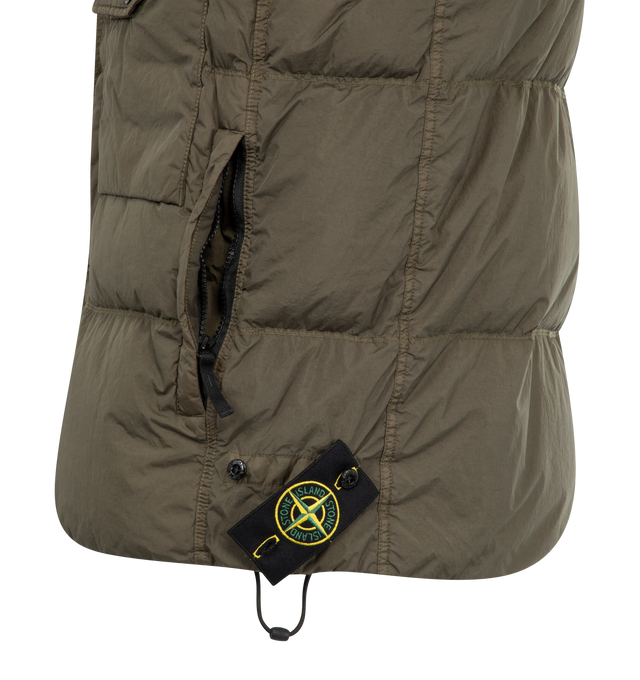 Image 3 of 3 - GREEN - STONE ISLAND Padded Vest featuring standing down-padded collar, chest pocket on left side with triangular flap and snap, standing hand pockets with hidden zipper, one inner pocket with Stone Island Compass logo embroidery and button fastening, Stone Island badge on bottom left side, drawstring at hem and two-way zipper under snap-fastened placket. 100% polyamide/nylon.