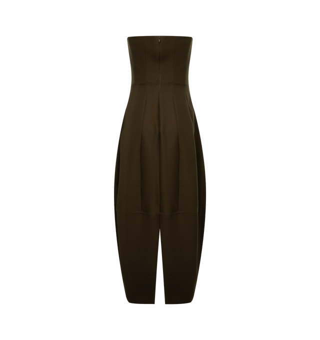 Image 2 of 2 - GREEN - Khaite Womens Strapless Stela Dress is crafted from wool silk cady. Features a strapless neckline, slim-fitting corset-inspired bodice, contoured waist, and voluminous rounded skirt that gently tapers toward the hem. Main Material: 74% Wool, 26% Silk. Dry clean. Made in Italy.