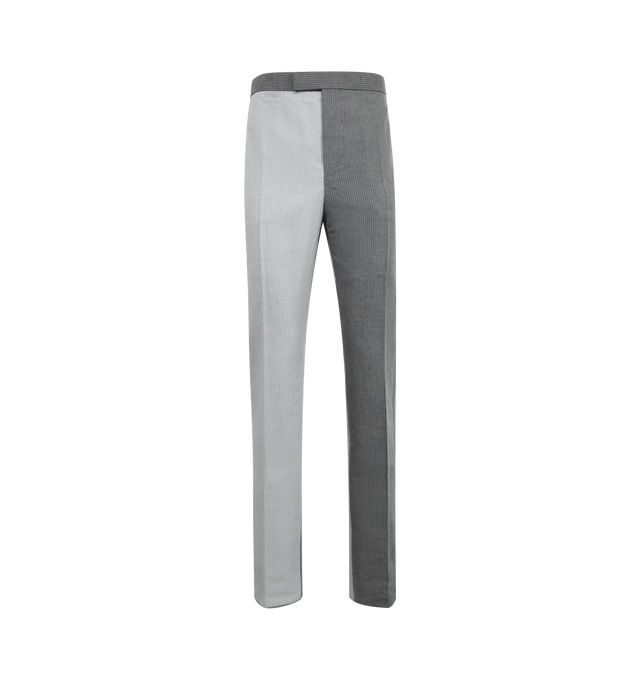 Image 1 of 3 - GREY - THOM BROWNE Tonal University Stripe Trouser featuring two contrasting grey tones, luxurious linen-cotton fabric, tab front closure, button-fastening, back welt pockets, adjustable buttoned backstrap and signature striped grosgrain loop tab. 60% linen, 40% cotton. Lining: 100% cupro. Made in Italy.