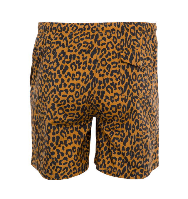 Image 2 of 4 - BROWN - NOAH LEOPARD SWIM TRUNKS crafted from 100% nylon with all over print and mesh liner. Elastic drawstring waist, on-seam front pockets, flap back pocket with snap closure and drain vent. Made in Portugal. 