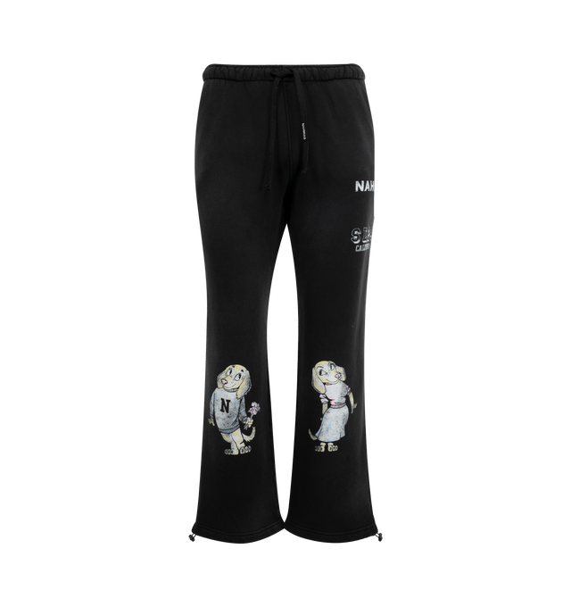 Image 1 of 3 - BLACK - NAHMIAS Mascot Wide Sweatpant featuring wide leg, elastic waist with drawstring, bungee cord at hem and mascot motif printed on front. 100% cotton.