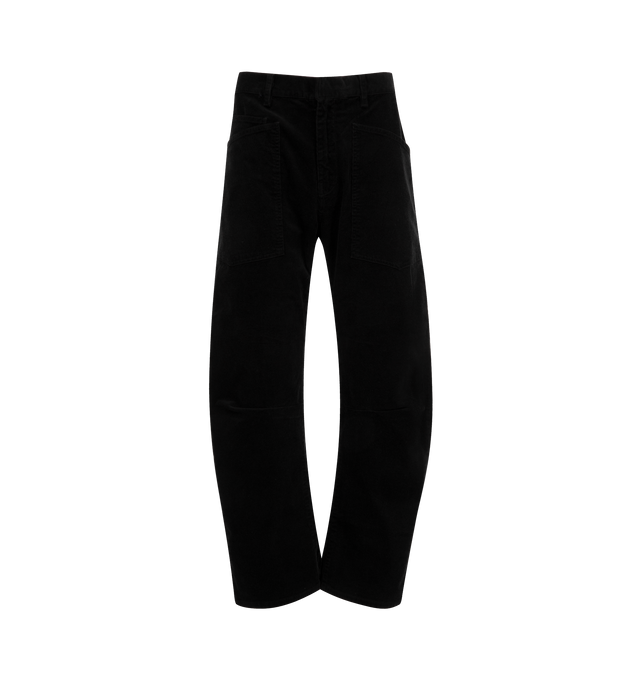 Image 1 of 3 - BLACK - NILI LOTAN Shon Pants featuring mid-rise, relaxed fit, barrel leg, curved silhouette, seam detail at knees, gusset at inseam, zip fly, hidden hook-and-bar closure, hidden stay button closure, top-stitched front and back patch pockets and belt loops. 93% cotton, 6% polyester, 1% polyurethane. Made in USA.