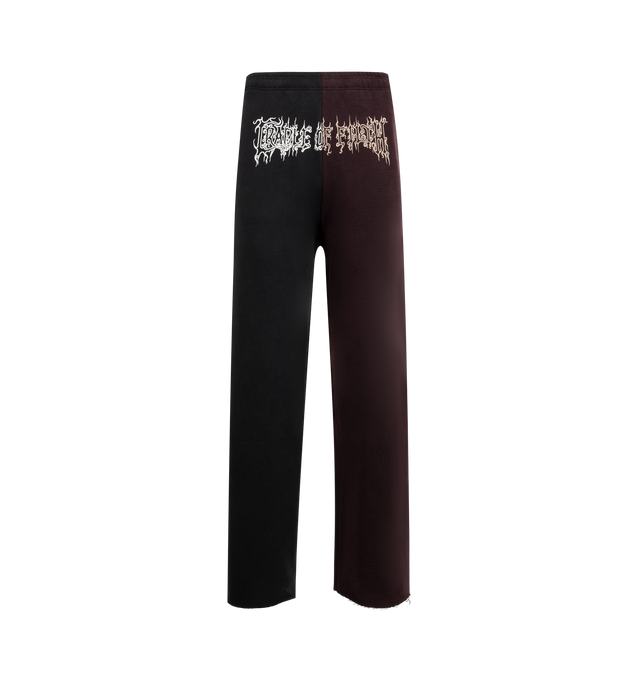 Image 1 of 3 - BLACK - VETEMENTS Cradle of Filth Cut Up Baggy Sweatpants featuring elasticized waistband, three-pocket styling, text printed at front and relaxed fit. 80% cotton, 20% polyester. Made in Portugal.